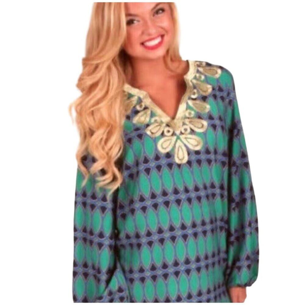 Mud Pie Geometric Belted Tunic Top Dress Women's Size Small Gold Trim Southern S